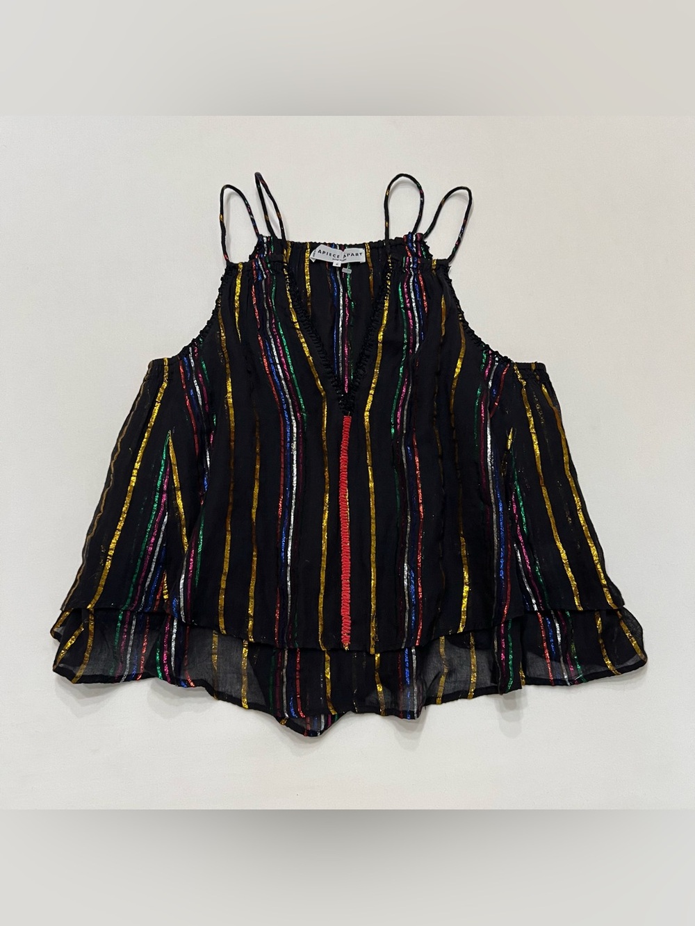 Apiece Apart Luna Shirred Cami Top Sz 0 70s Metallic Shimmer Stripes Thin Straps